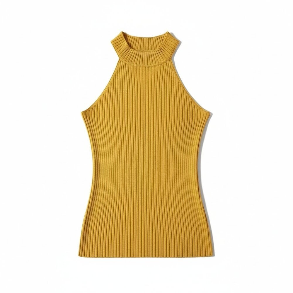 Ted Baker Ribbed Halterneck Top Mustard Yellow Large Women's